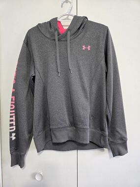 Under Armour Womens Large Gray Pink ColdGear Hoodie Sweatshirt Logo Sleeve